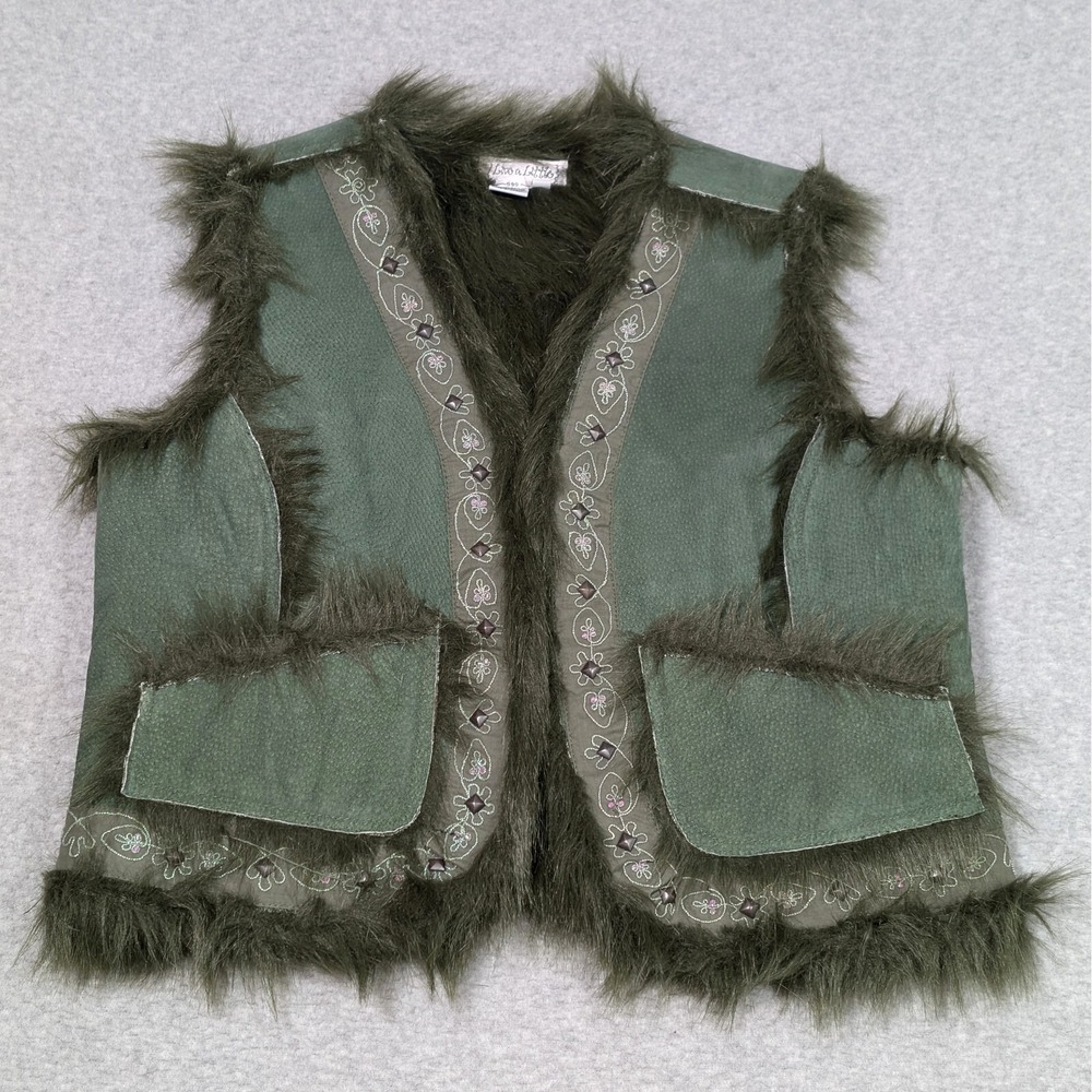Live A Little Leather Vest Womens Size XL Faux Fur Lined Beaded Boho Nature